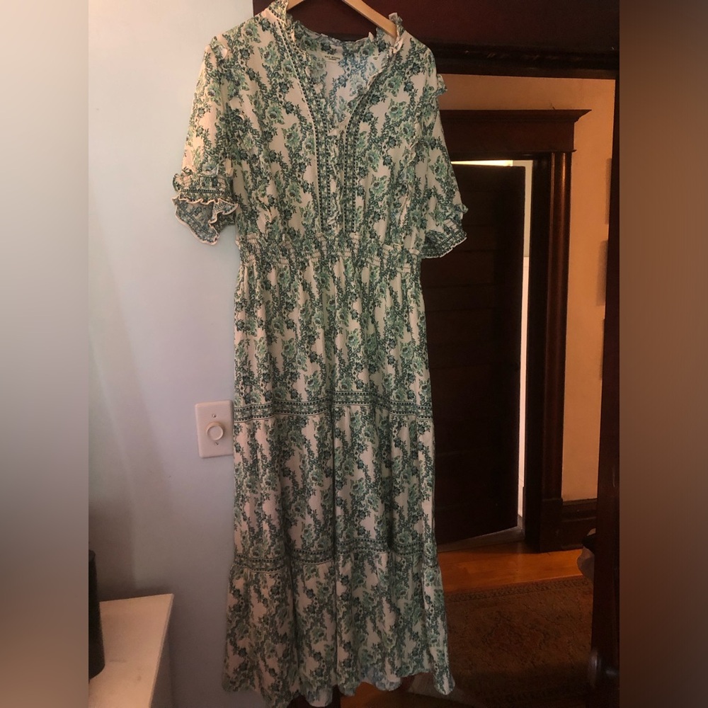 Max Studio London Green Floral Tiered Maxi Dress
